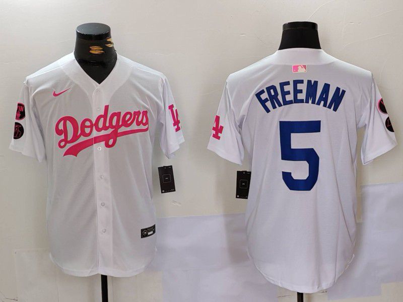 Men Los Angeles Dodgers #5 Freeman White pink joint name 2024 Nike MLB Jersey style 3